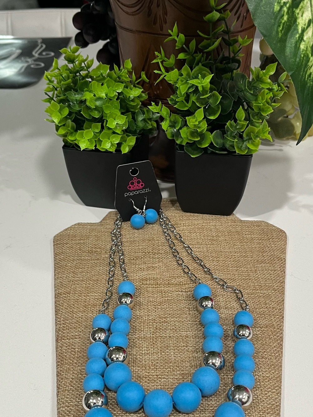 paparazzi Turquoise Blue Matte Beaded Double Strand Necklace with Silver Accents